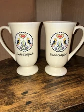 (2) Double Distlefink Hex Design Small Ceramic Handled Mugs 4.5”H, Holds 5 oz
