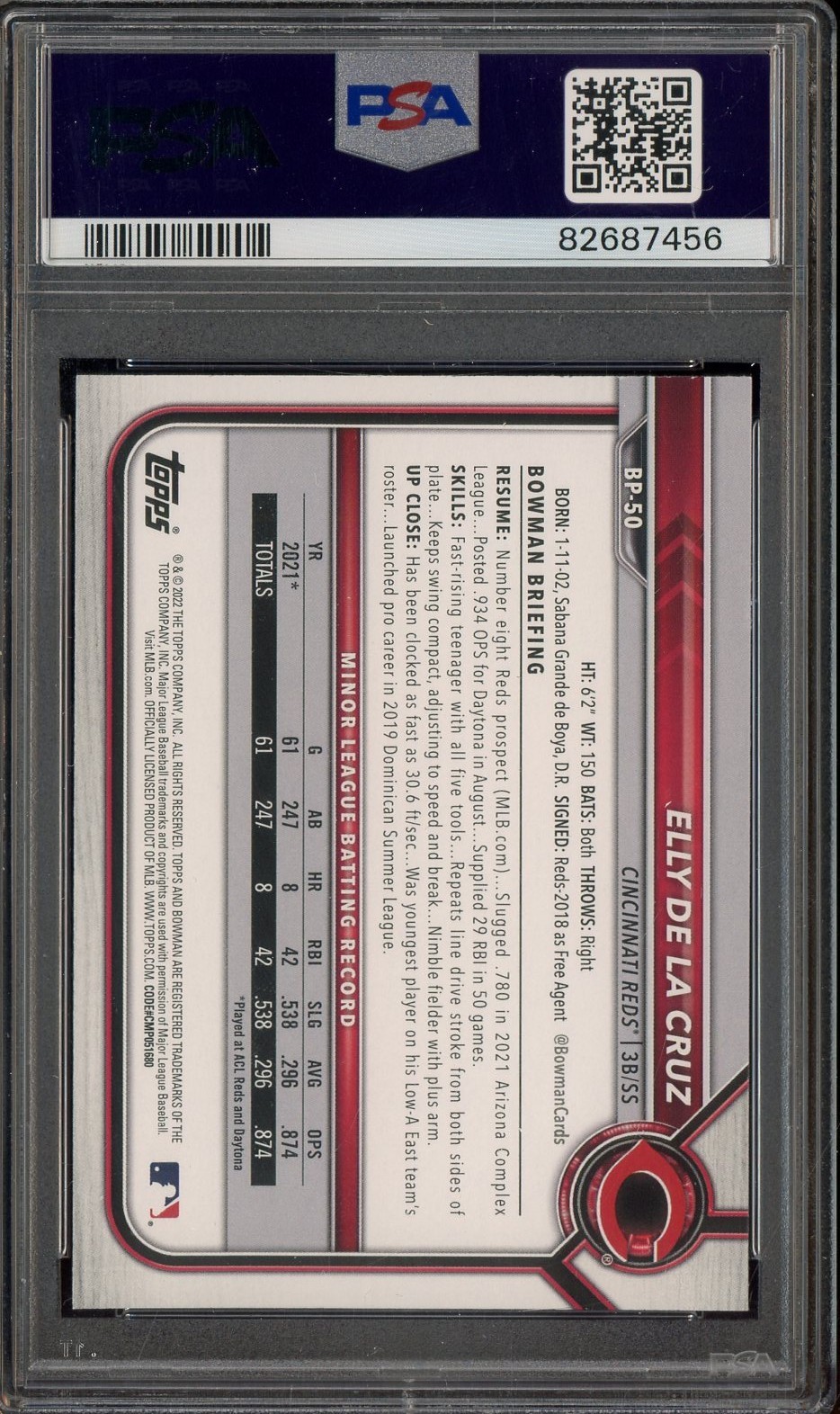 2022 Bowman Paper Prospects #BP50 Elly De La Cruz Reds RC Rookie PSA 10 GEM MINT view 2
