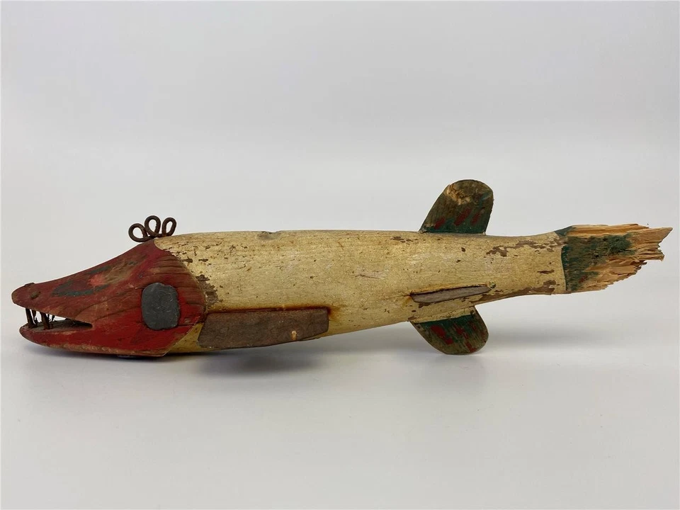 Antique Weighted Spear Ice Fishing Hand Painted Carved Wood Fish Lure Bait Decoy - Image 4 of 4
