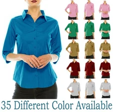 Women's Classic Cotton 3/4 Sleeve Button Down Blouse Dress Shirt Work Wear Top