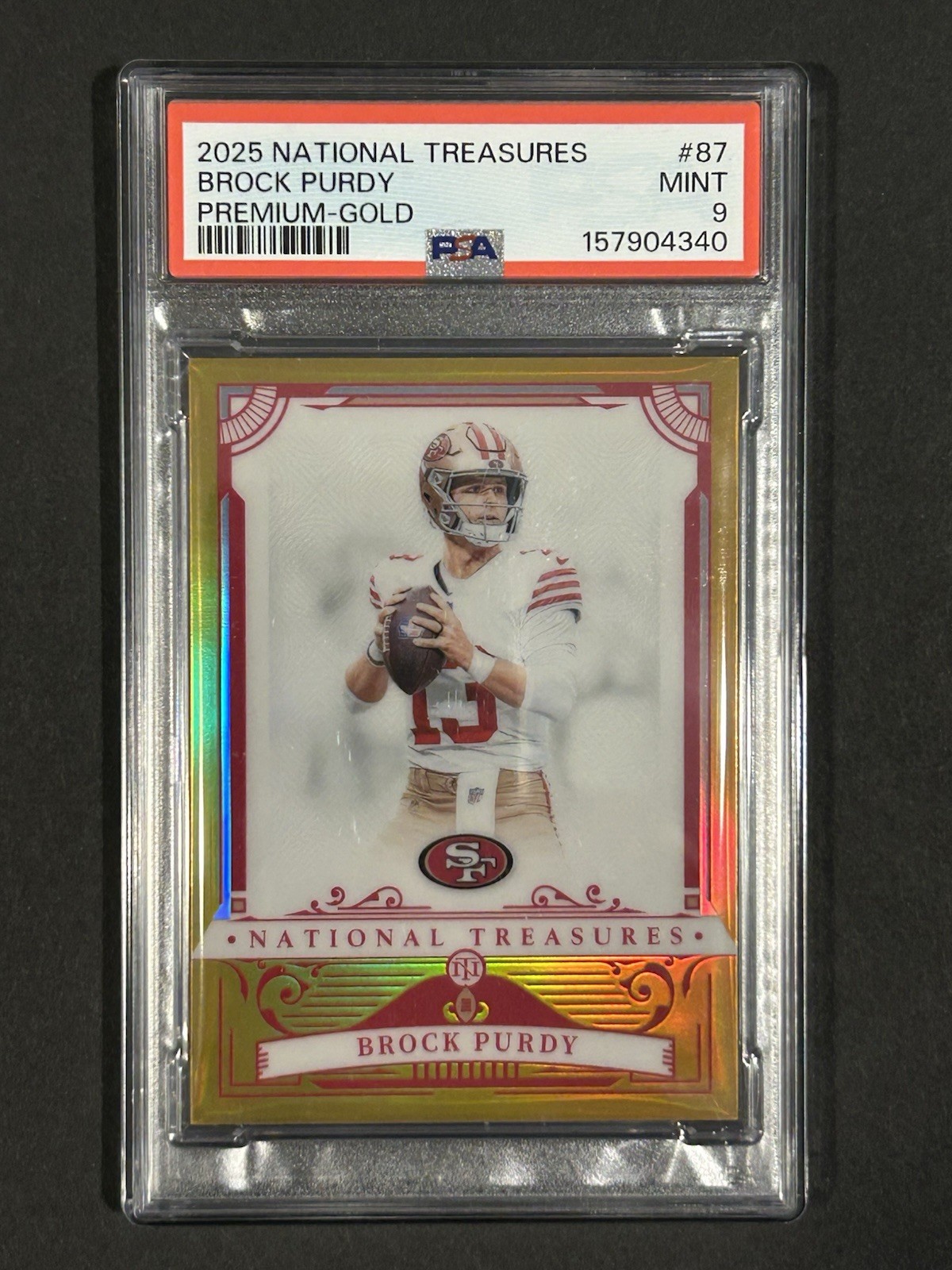 2025 Panini National Treasures Brock Purdy Gold #87 BKEND SSP 10/10 PSA MINT 9 view 4