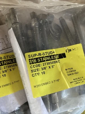 LIONMAX SUP-R-STUD+ 3/8" x 5" Stainless Steel Wedge Anchor Bolts for Concrete , 10-Pack