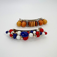 Vtg Hair Clips Barettes Mom Hair 4th of July Summer Wood Boho Beads 80's Big 80s