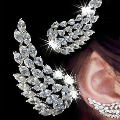 Silver Feather Crystal Earrings with Ear Cuff Angel Wings