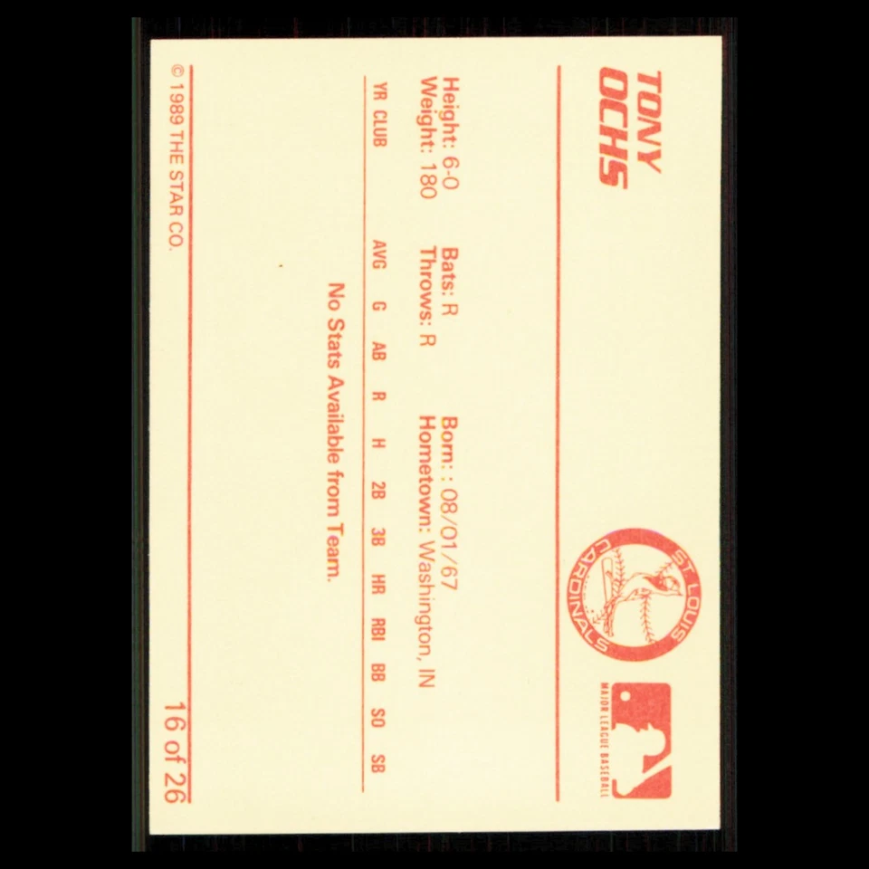 Tony Ochs #16 1989 Star Minor League Johnson City Cardinals Baseball Card MLB NM - Image 2 of 3