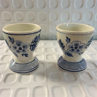 Pair of Antique Delftware Egg Cups by De Porceleyne Fles w/blue floral decor
