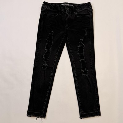 American Eagle Jeans Womens 8 Black Jegging Crop Super Stretch Distressed Hem