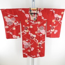 Antique Kimono coat Silk Chrysanthemum and autumn leaves Red 42.5inch Women's
