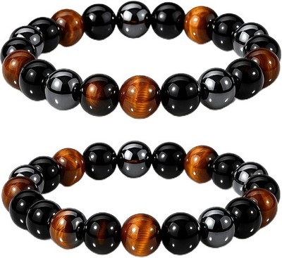 Black Obsidian Hematite Triple Protection Bracelets Set - Tiger Eye Beaded Na...