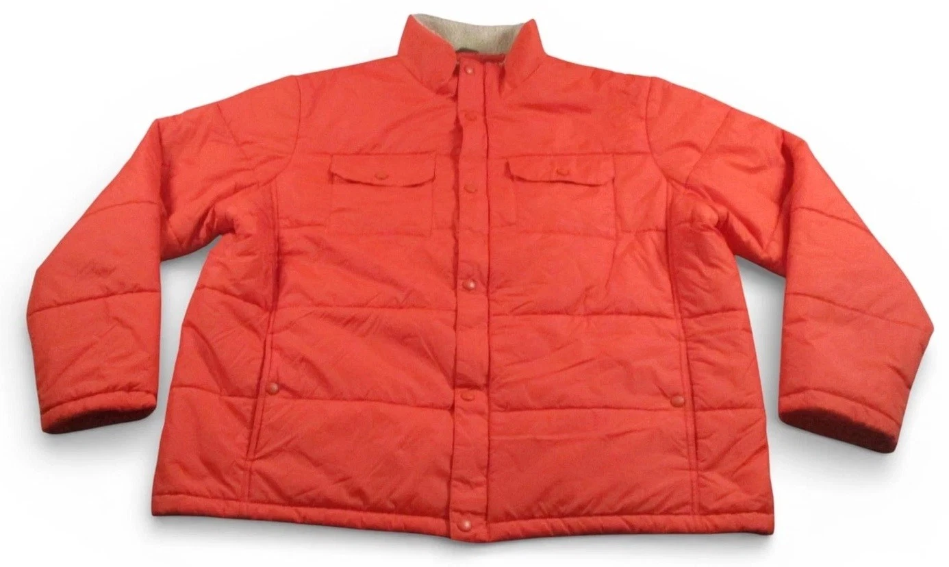 Lands' End Jacket Mens 2XL Orange Nylon Puffer Snap Front Sherpa Collar Warm