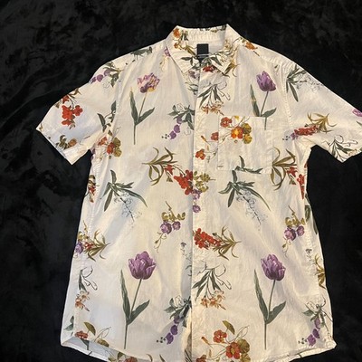 H&M Floral Button Up Shirt Mens M Botanical Print Cotton Pocket Summer
