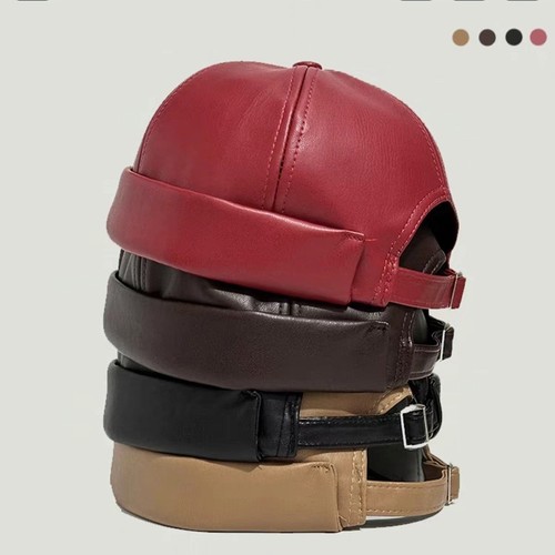 Adjustable Melon Skin Hat PU Leather Landlord Cap Solid Color Docker Cap Hip Hop - Picture 4 of 15
