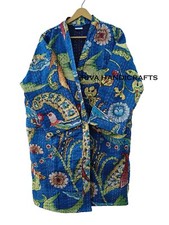 Indian Peacock Print Kantha Quilted Handmade Blue Boho Winter Mid-Length Jacket