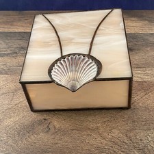 Stained Glass Trinket Dresser Box Seashell Handle Pink-Beige Marbled Glass