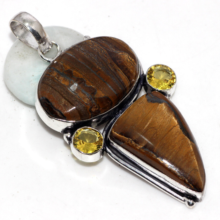Tiger Eye Citrine 925 Silver Plated Long Gemstone Pendant 2.5