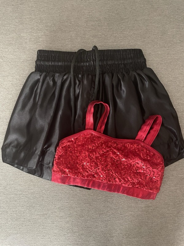 Balera Red Sequin Sports Bra & Black Satin Boxing Shorts Med. Child With Gloves