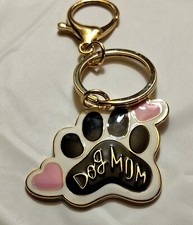 Vintage "DOG MOM" Paw Print Keychain Enamel Bright Colors Gold-Tone Lightly Used
