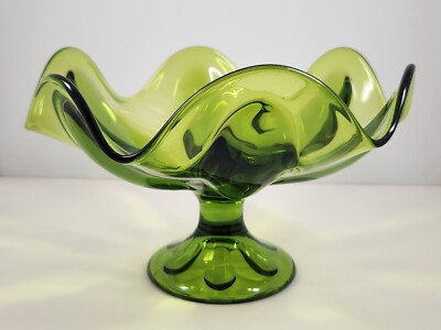 MCM Viking art glass epic 6 petal 10'' pedestal compote in avocado green