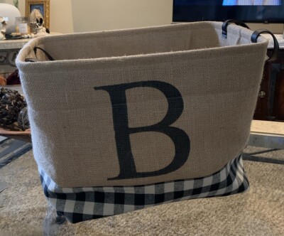 Buffalo Check Monogram  B  Jute Storage Bin Handles Black Farmhouse Country