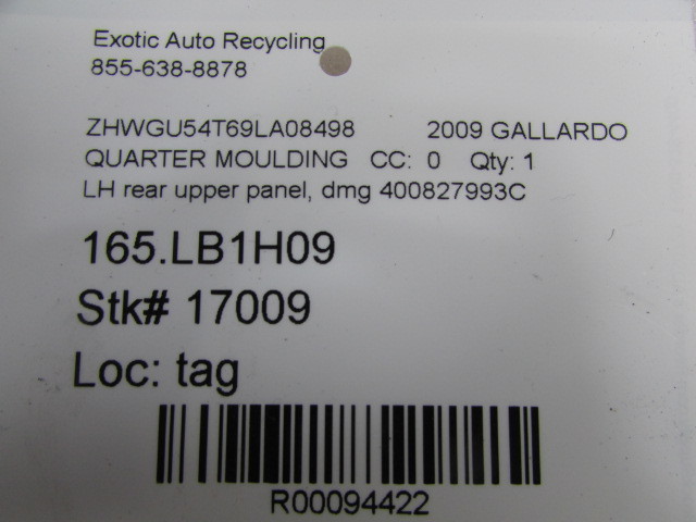 Lamborghini Gallardo, LH, Left Rear Upper Exterior panel, Used, P/N 400827993C