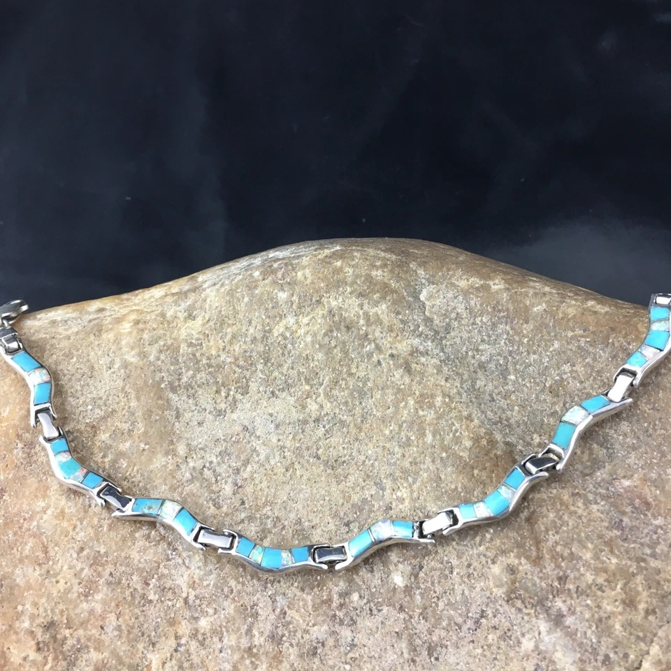 Womens Turquoise & Opal Inlay Sterling Silver Link Bracelet 2027 - Image 2 of 4
