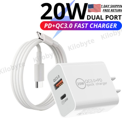 20W PD USB-C Fast Charger Cable For iPhone 14 13 12 11 Pro Max 8 QC Adapter Cube