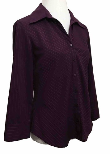 Ninety Womens Shirt M Stretch Maroon Striped Collared Buttons Up Long Sleeves - Picture 2 of 14