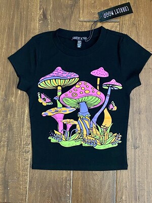 Black Trippy Psychedelic Magic Mushroom Rave Fairytale Crop Top Shirt XXS