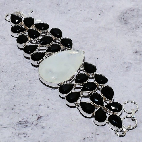 Bracelet En Argent Sterling 925 Fait Main - Pierre De Lune Naturelle, Réglable, Bijou Artisanal D'Inde