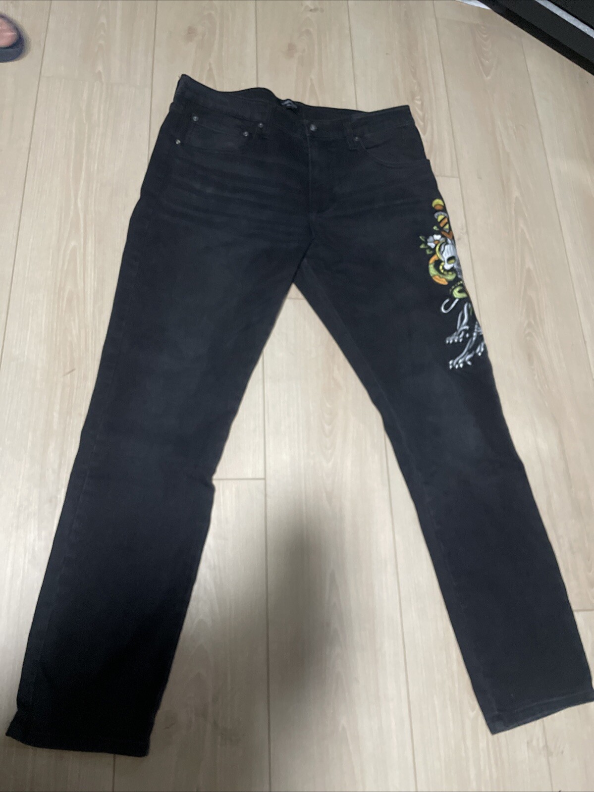 Ed Hardy Jeans Denim 5 Pocket Embroidered Skull Snake Panther Black Stretch Slim