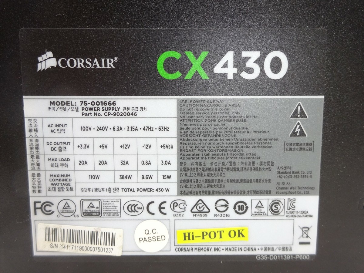 Alimentation PC Corsair CX 430 - 430W, ATX Modulaire, Occasion En Bon état, Modèle CP-9020046