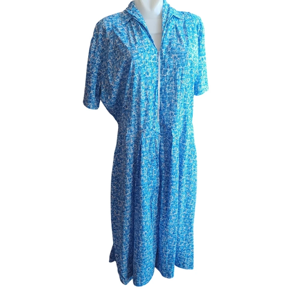 1OF1 Vestido de Casa Hecho a Mano Grande Vintage Años 1946 Azul Estampado Abstracto Cremallera Frontal Foto 3 de 4