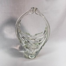 VTG Murano Hand Blown Clear Glass Split Handle Basket Italy 4"Wx5"Lx8"H READ 