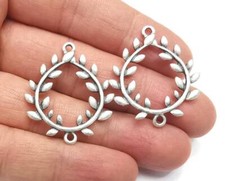 2 Leaf Branch Wreath Charms Connector Antique Silver Plated 35x30mm G27362
