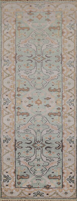 Light Green Wool Handmade Oushak Oriental Hallway Runner Rug 2' 6'' x 8' 0''