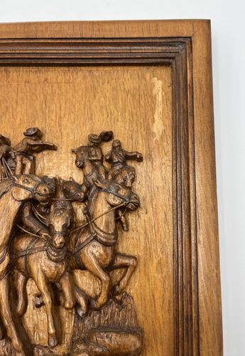 Hand Carved Solid Wood Cowboys and Horses Relief 10 1/2" x 12 3/4" Carving - Picture 6 of 11