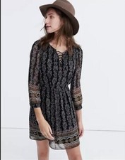 Madewell Dress Black Boho Paisley Print 3/4 Sleeve Lace Up Mini Lined Size 2