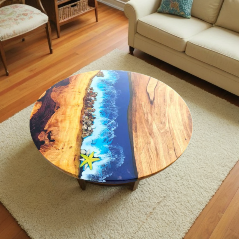 Ocean Epoxy Coffee Table, Side Epoxy Wooden Corner Table, Home Decor-image