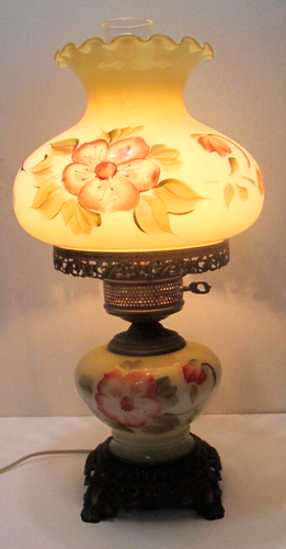 Vintage Glass Hurricane Lamp Creamy Yellow Hand Painted Orange Flowers 19" T #1 - Picture 3 of 10