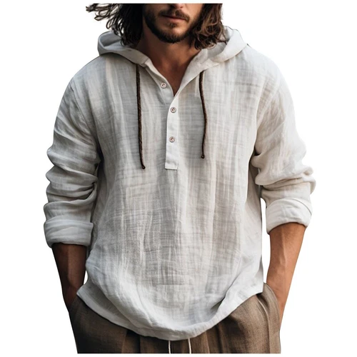 Men's Cotton Linen Hoodies Drawstring Button Hooded Swaeatshirts T Shirts Tops - Bild 37 von 41