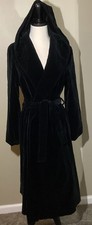 Vintage Black Velvet Belted Hooded Coat Sm Black Satin Lining Pockets USA Made