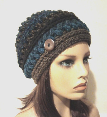 handmade crochet womans button hat beanie dusk blue puffs new
