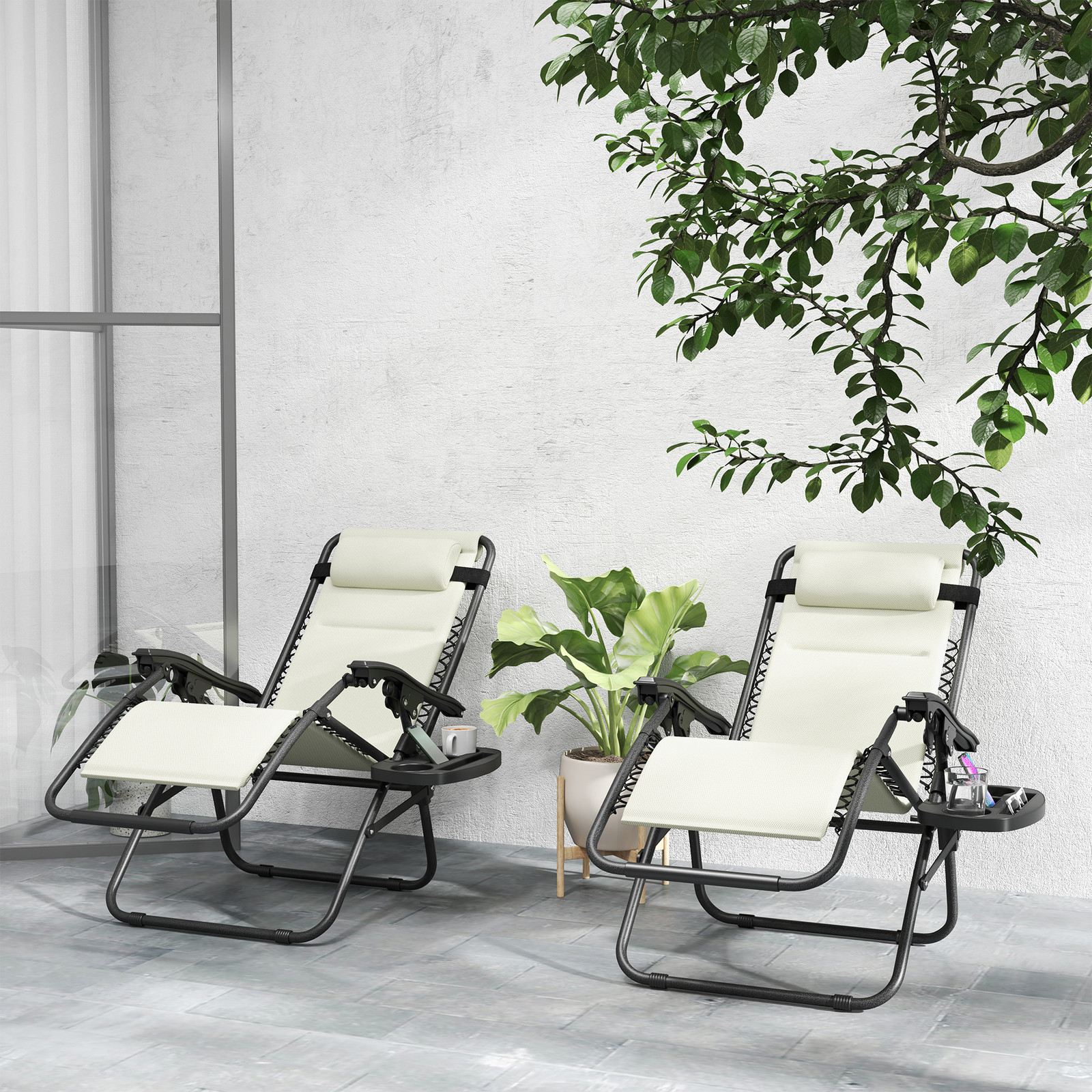 Zero Gravity Chairs Set of 2 Reclining Folding Outdoor Lounge Chairs Cream White