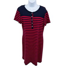 Chaps Womens XL T-Shirt Dress Short Red Navy Blue Striped Henley Sleeve Cotton