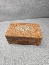 Vintage Hand Carved Wood Jewelry Trinket Box Hinged Top Lined