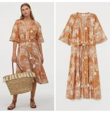 Desmond & Dempsey H&M Orange Midi Kaftan Dress Sz S Tropical Beach Linen Blend 