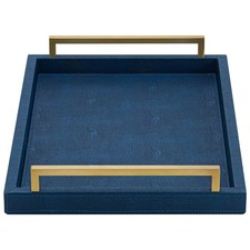 XIGEXIGE Navy Blue Decorative Serving Tray, Shagreen Leather Coffee Table Tray, 