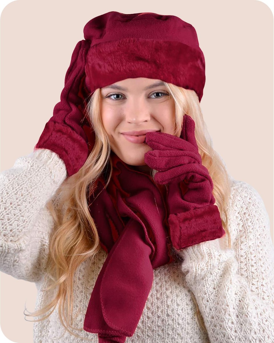 Women\'s Warm Fleece Winter Hat and Glove Set & Scarves, Burgundy Women main image 3
