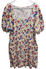 Rixo White Blue Red Floral Print Puff Sleeve Button Front Maxi Dress Size 2XL