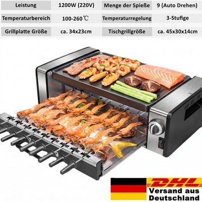 2in1 Kebabgrill Elektro BBQ Grill Schaschlikgrill Tischgrill + 9 drehbar Spieße
